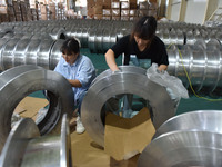 A worker cleans a tray at Pacific Special Mesh Industry Co., LTD in Fuyang, China, on September 27, 2024. (