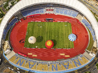 Hot air balloons and drones are displayed at the event of the China International Aircraft Design Challenge 2024 (Fujian Station) at the New...