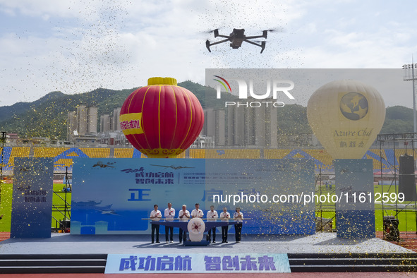 Guests participate in the launch ceremony of the China International Aircraft Design Challenge 2024 (Fujian Station) at the new Stadium in N...