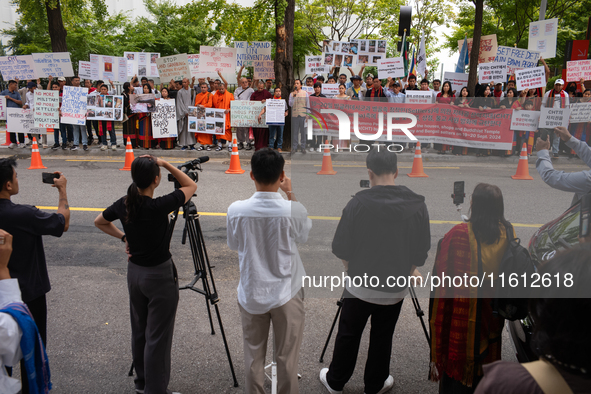 Around 100 members of the Korean Jumma Association gather near the Embassy of Bangladesh in Seoul, South Korea, on September 27, 2024, to pr...