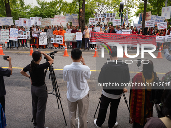 Around 100 members of the Korean Jumma Association gather near the Embassy of Bangladesh in Seoul, South Korea, on September 27, 2024, to pr...