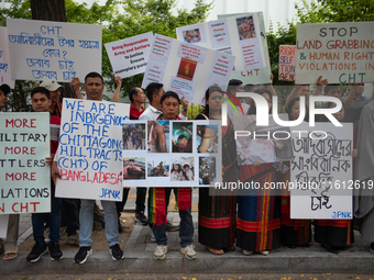 Around 100 members of the Korean Jumma Association gather near the Embassy of Bangladesh in Seoul, South Korea, on September 27, 2024, to pr...