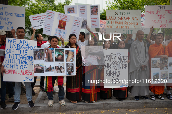 Around 100 members of the Korean Jumma Association gather near the Embassy of Bangladesh in Seoul, South Korea, on September 27, 2024, to pr...