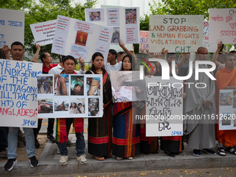 Around 100 members of the Korean Jumma Association gather near the Embassy of Bangladesh in Seoul, South Korea, on September 27, 2024, to pr...