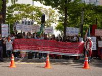 Around 100 members of the Korean Jumma Association gather near the Embassy of Bangladesh in Seoul, South Korea, on September 27, 2024, to pr...