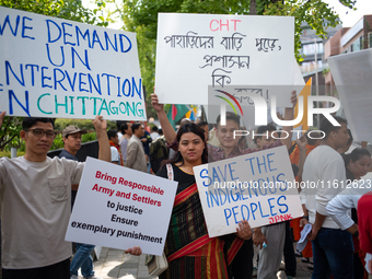 Around 100 members of the Korean Jumma Association gather near the Embassy of Bangladesh in Seoul, South Korea, on September 27, 2024, to pr...