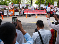 Around 100 members of the Korean Jumma Association gather near the Embassy of Bangladesh in Seoul, South Korea, on September 27, 2024, to pr...