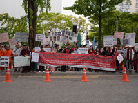 Around 100 members of the Korean Jumma Association gather near the Embassy of Bangladesh in Seoul, South Korea, on September 27, 2024, to pr...