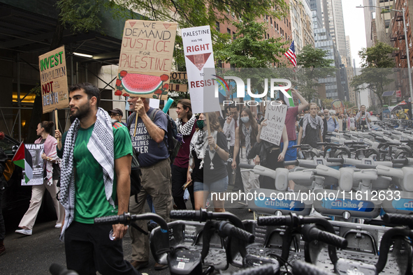 The pro-Palestinian protest in New York City, USA, on September 26, 2024. Hundreds gather for demonstrations against Israeli Prime Minister...