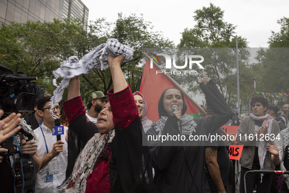 Hundreds gather for a pro-Palestinian protest in front of the United Nations (UN) headquarters in New York City, USA, on September 26, 2024....