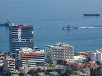 An Israeli naval vessel sails in the Mediterranean Sea just off the coast of Haifa, Israel, on September 27, 2024, following a rocket attack...