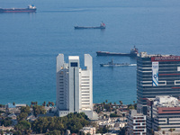 An Israeli naval vessel sails in the Mediterranean Sea just off the coast of Haifa, Israel, on September 27, 2024, following a rocket attack...