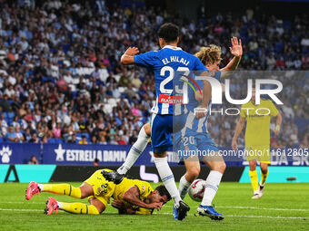 Omar El Hilali and Alex Kral of Espanyol during the La Liga EA SPORTS match against Villarreal at Stage Front Stadium, on September 26, 2024...