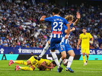 Omar El Hilali and Alex Kral of Espanyol during the La Liga EA SPORTS match against Villarreal at Stage Front Stadium, on September 26, 2024...