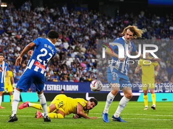 Omar El Hilali and Alex Kral of Espanyol during the La Liga EA SPORTS match against Villarreal at Stage Front Stadium, on September 26, 2024...