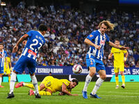 Omar El Hilali and Alex Kral of Espanyol during the La Liga EA SPORTS match against Villarreal at Stage Front Stadium, on September 26, 2024...