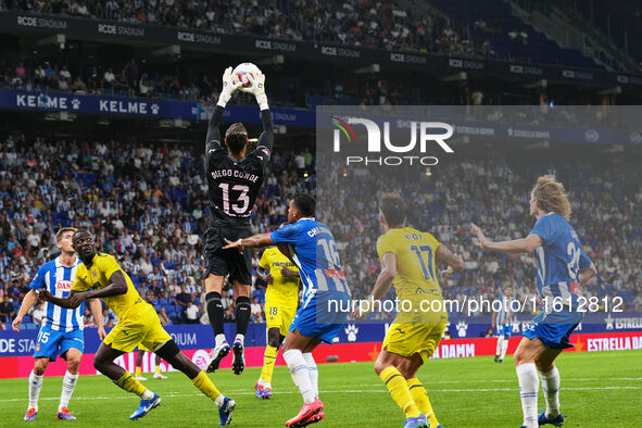 Diego Conde of Villarreal makes a crucial save during the La Liga EA SPORTS match against Espanyol at Stage Front Stadium, on September 26,...