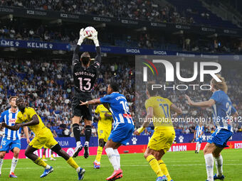 Diego Conde of Villarreal makes a crucial save during the La Liga EA SPORTS match against Espanyol at Stage Front Stadium, on September 26,...