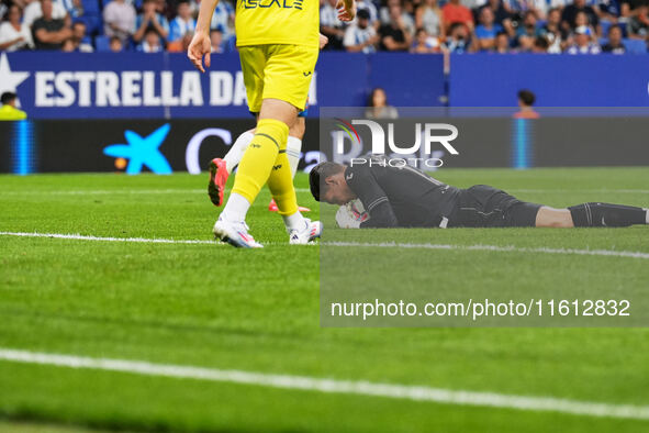 Diego Conde of Villarreal makes a crucial save during the La Liga EA SPORTS match against Espanyol at Stage Front Stadium, on September 26,...