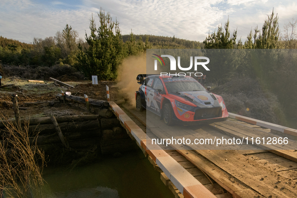 Driver Ott Tanak and co-driver Martin Jarveoja of the Hyundai Shell Mobis World Rally Team, in a Hyundai i20 N Rally1 Hybrid, face shakedown...