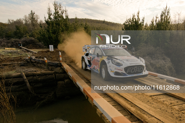 Driver Adrien Fourmaux and co-driver Alexandre Coria of the team M-Sport Ford World Rally Team Ford Puma Rally1 Hybrid face shakedown during...