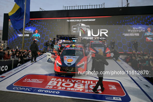 Driver Thierry Neuville and co-driver Martijn Wydaeghe of the Hyundai Shell Mobis World Rally Team, in a Hyundai i20 N Rally1 Hybrid, partic...