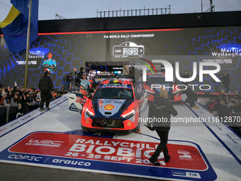 Driver Thierry Neuville and co-driver Martijn Wydaeghe of the Hyundai Shell Mobis World Rally Team, in a Hyundai i20 N Rally1 Hybrid, partic...