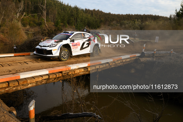 Driver Sami Pajari and co-driver Enni Malkonen of the team Toyota Gazoo Racing WRT, Toyota GR Yaris Rally1 Hybrid, face in shakedown during...