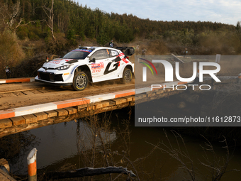 Driver Sami Pajari and co-driver Enni Malkonen of the team Toyota Gazoo Racing WRT, Toyota GR Yaris Rally1 Hybrid, face in shakedown during...