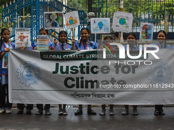 School students protest during the Global Climate Strike 2024 in Kolkata, India, on September 27, 2024. (