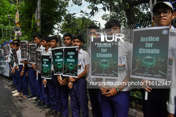 School students protest during the Global Climate Strike 2024 in Kolkata, India, on September 27, 2024. 