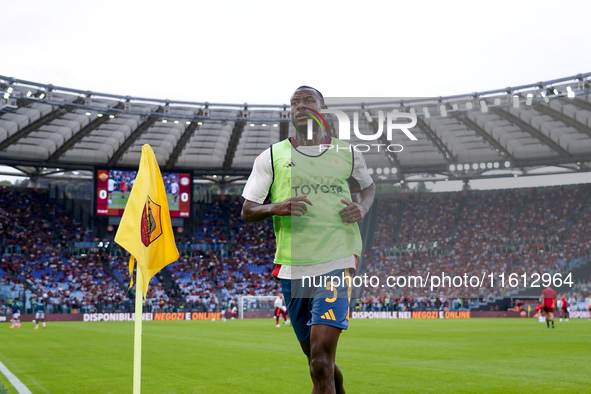 Evan Ndicka of AS Roma looks on during the Serie A Enilive match between AS Roma and Udinese Calcio at Stadio Olimpico on September 22, 2024...