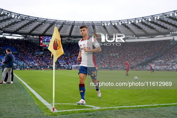 Samuel Dahl of AS Roma looks on during the Serie A Enilive match between AS Roma and Udinese Calcio at Stadio Olimpico on September 22, 2024...