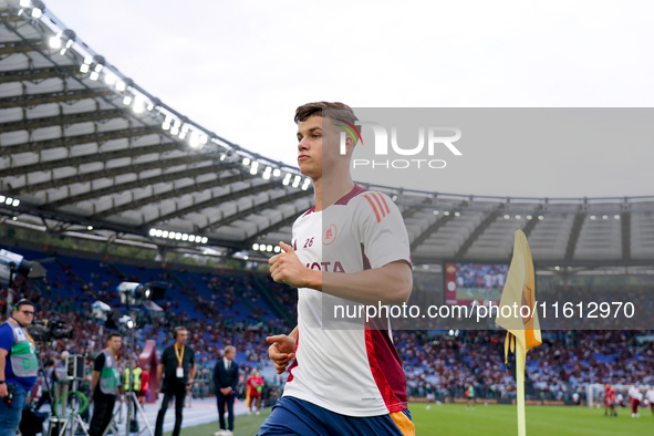 Samuel Dahl of AS Roma looks on during the Serie A Enilive match between AS Roma and Udinese Calcio at Stadio Olimpico on September 22, 2024...