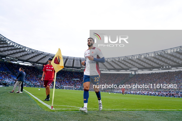 Mario Hermoso of AS Roma looks on during the Serie A Enilive match between AS Roma and Udinese Calcio at Stadio Olimpico on September 22, 20...