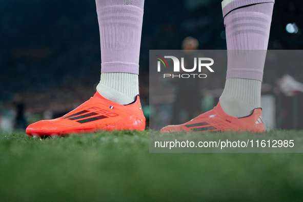 Close up of shoes of Isaak Toure' of Udinese Calcio during the Serie A Enilive match between AS Roma and Udinese Calcio at Stadio Olimpico o...