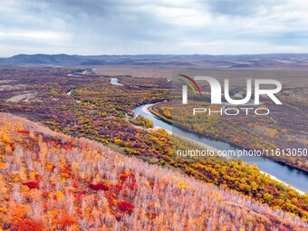 An aerial photo shows the scenery of Erguna wetland in Hulunbuir, China, on September 27, 2024. (