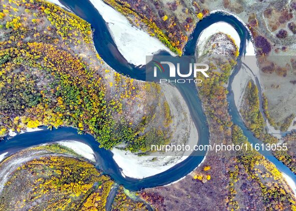 An aerial photo shows the scenery of Erguna wetland in Hulunbuir, China, on September 27, 2024. 