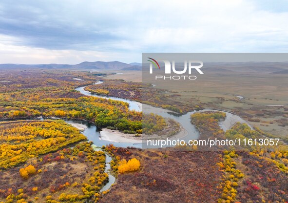 An aerial photo shows the scenery of Erguna wetland in Hulunbuir, China, on September 27, 2024. 