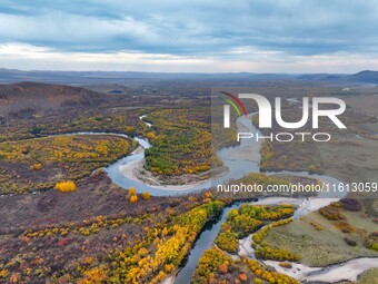 An aerial photo shows the scenery of Erguna wetland in Hulunbuir, China, on September 27, 2024. (