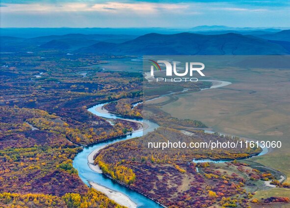 An aerial photo shows the scenery of Erguna wetland in Hulunbuir, China, on September 27, 2024. 