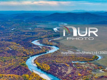 An aerial photo shows the scenery of Erguna wetland in Hulunbuir, China, on September 27, 2024. (