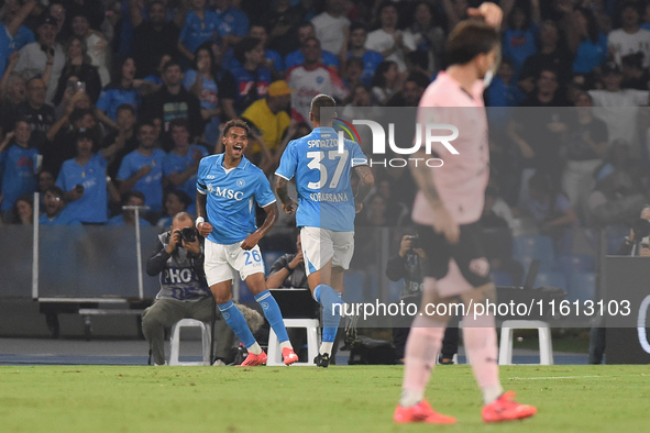 Cyril Ngonge of SSC Napoli celebrates after scoring during the Coppa Italia match between SSC Napoli and Palermo FC at Stadio Diego Armando...