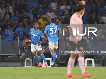 Cyril Ngonge of SSC Napoli celebrates after scoring during the Coppa Italia match between SSC Napoli and Palermo FC at Stadio Diego Armando...