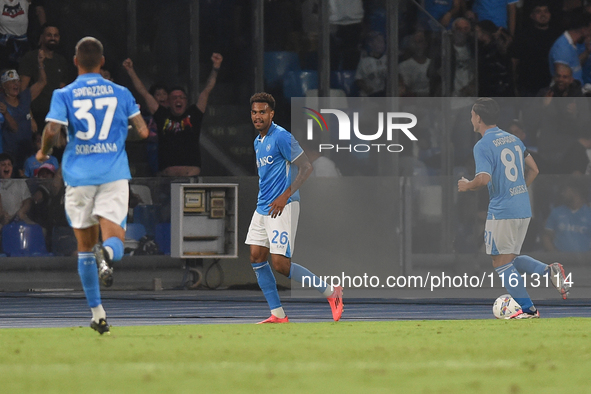 Cyril Ngonge of SSC Napoli celebrates after scoring during the Coppa Italia match between SSC Napoli and Palermo FC at Stadio Diego Armando...