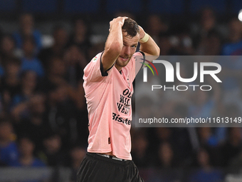 Jeremy Le Douaron of Palermo FC looks dejected during the Coppa Italia match between SSC Napoli and Palermo FC at Stadio Diego Armando Marad...