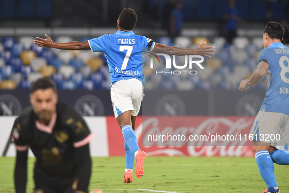 David Neres of SSC Napoli celebrates after scoring during the Coppa Italia match between SSC Napoli and Palermo FC at Stadio Diego Armando M...