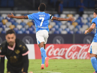 David Neres of SSC Napoli celebrates after scoring during the Coppa Italia match between SSC Napoli and Palermo FC at Stadio Diego Armando M...