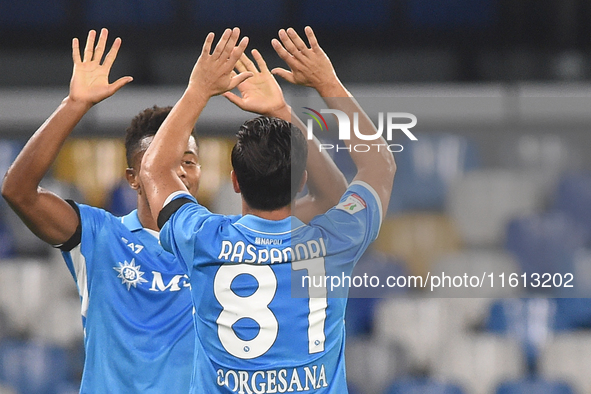 David Neres and Giovanni Simeone of SSC Napoli celebrate after scoring during the Coppa Italia match between SSC Napoli and Palermo FC at St...