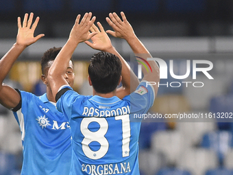 David Neres and Giovanni Simeone of SSC Napoli celebrate after scoring during the Coppa Italia match between SSC Napoli and Palermo FC at St...